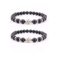 Edelstein Armbänder, Abrazine Stein, mit Zinklegierung, Buddha, silberfarben plattiert, elastisch & unisex, schwarz, 8mm, Länge:7.5 ZollInch, verkauft von PC