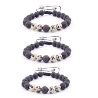 Lava Bead Bracelet, with Polyester Cord & Dalmatian, Round, Unisex & adjustable, black, 8mm 