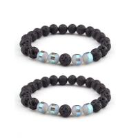 Lava Bead Bracelet, with Crystal, Round, elastic & Unisex, black, 8mm .5 Inch 