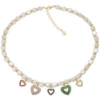 Collier de chaîne en laiton de perles d'eau douce, avec perle d'eau douce cultivée, coeur, Placage de couleur d'or, pavé de micro zircon & pour femme, multicolore, 455mm, Vendu par PC