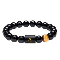 Gemstone Bracelets, Black Agate, with Tiger Eye, Alphabet Letter, elastic & Unisex black, 8mm .5 Inch 