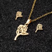 Fashion Stainless Steel Jewelry Sets, 304 Stainless Steel, Stud Earring & sweater chain necklace, Rose, Vacuum Plating, 2 pieces & fashion jewelry & for woman, golden, 20mm,10mm Approx 17.72 Inch 