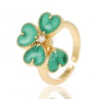 Cubic Zirconia Micro Pave Brass Finger Ring, Four Leaf Clover, gold color plated, Adjustable & micro pave cubic zirconia & for woman & enamel 21mm 