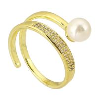 Brass Cuff Finger Ring, with Plastic Pearl, high quality gold color plated, Adjustable & micro pave cubic zirconia & for woman US Ring 