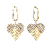 Boucle d'oreille goutte laiton strass, coeur, Placage de couleur d'or, pour femme & avec strass Vendu par paire