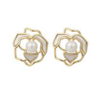 Brass Stud Earring, with Shell Pearl & Shell, Rose, gold color plated & for woman 