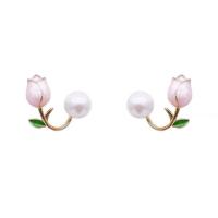 Brass Stud Earring, with Plastic Pearl, Tulip, gold color plated, for woman & enamel, 20mm 