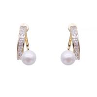 Cubic Zirconia Micro Pave Brass Earring, with Shell Pearl, Letter C, gold color plated, micro pave cubic zirconia & for woman, 15mm 