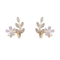 Cubic Zirconia Micro Pave Brass Earring, with Plastic Pearl, Flower, gold color plated, micro pave cubic zirconia & for woman 