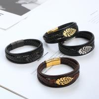 PU Leather Cord Bracelets, with Titanium Steel, Leaf, plated, vintage & multilayer & for man .5 cm 