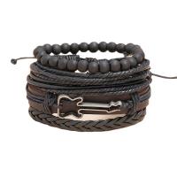 cuir de peau de vache Set de bracelet, avec Chanvre & cuir PU & bois & alliage de zinc, avec 8-9cm*2 chaînes de rallonge, tricoter, Vintage & 4 pièces & Réglable & pour homme, noire cm, Vendu par fixé