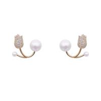 Cubic Zirconia Micro Pave Brass Earring, with Plastic Pearl, Tulip, gold color plated, micro pave cubic zirconia & for woman, 20mm 