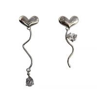 Asymmetric Earrings, Brass, Heart, platinum color plated, micro pave cubic zirconia & for woman, 35mm 