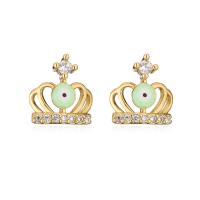 Cubic Zirconia Micro Pave Brass Earring, Crown, gold color plated, evil eye pattern & micro pave cubic zirconia & for woman & enamel 