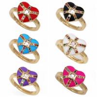 Cubic Zirconia Micro Pave Brass Finger Ring, Heart, gold color plated, micro pave cubic zirconia & enamel 