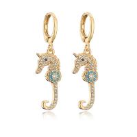 Huggie Hoop Drop Earring, Brass, Seahorse, gold color plated, micro pave cubic zirconia & for woman 