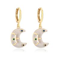 Huggie Hoop Drop Earring, Brass, Moon, gold color plated, micro pave cubic zirconia & for woman & enamel 