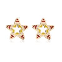 Brass Stud Earring, Star, gold color plated, for woman & enamel 