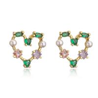 Cubic Zirconia Micro Pave Brass Earring, Heart, gold color plated, for woman & with plastic pearl & with cubic zirconia, multi-colored 