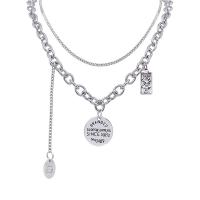 Zinc Alloy Necklace, with 2.75inch extender chain, Flat Round, silver color plated, Double Layer & with letter pattern & for woman Approx 15.7 Inch 