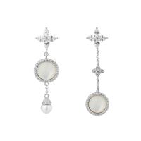 Asymmetric Earrings, 925 Sterling Silver, with White Shell, platinum color plated, for woman & with rhinestone, 39mm 