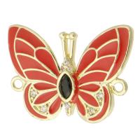 Cubic Zirconia Micro Pave Brass Connector, Butterfly, gold color plated, DIY & micro pave cubic zirconia & enamel & 1/1 loop, red Approx 1mm 