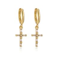 Huggie Hoop Drop Earring, Brass, Cross, gold color plated, micro pave cubic zirconia & for woman 