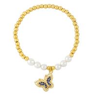 Cubic Zirconia Micro Pave Brass Bracelet, with Plastic Pearl, Butterfly, gold color plated, micro pave cubic zirconia & for woman .1 Inch 