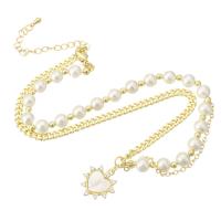 Collier de coquillages, laiton, avec Shell Pearl & coquille, Placage de couleur d'or, pavé de micro zircon & pour femme Environ 17 pouce, Vendu par PC