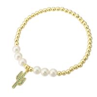 Cubic Zirconia Micro Pave Brass Bracelet, with Shell Pearl, Opuntia Stricta, gold color plated, micro pave cubic zirconia & for woman Approx 7 Inch 