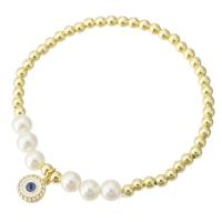 Cubic Zirconia Micro Pave Brass Bracelet, with Shell Pearl, gold color plated, evil eye pattern & micro pave cubic zirconia & for woman & enamel Approx 7 Inch 