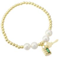 Cubic Zirconia Micro Pave Brass Bracelet, with Shell Pearl, Lock and Key, gold color plated, micro pave cubic zirconia & for woman Approx 7 Inch 