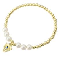 Cubic Zirconia Micro Pave Brass Bracelet, with Shell Pearl, gold color plated, micro pave cubic zirconia & for woman Approx 7 Inch 