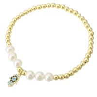 Cubic Zirconia Micro Pave Brass Bracelet, with Shell Pearl, Hand, gold color plated, micro pave cubic zirconia & for woman Approx 7 Inch 