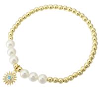 Cubic Zirconia Micro Pave Brass Bracelet, with Shell Pearl, gold color plated, micro pave cubic zirconia & for woman Approx 7 Inch 