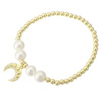 Cubic Zirconia Micro Pave Brass Bracelet, with Shell Pearl, Moon, gold color plated, micro pave cubic zirconia & for woman Approx 7 Inch 