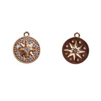 Rhinestone Brass Pendants, Flat Round, gold color plated, Unisex & with rhinestone, 14mm 