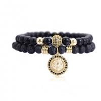 Lava Bead Bracelet, with Black Agate & Brass, Flat Round, plated, 2 pieces & fashion jewelry & micro pave cubic zirconia 14mm cm 