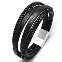 PU Leather Cord Bracelets, with 316L Stainless Steel, polished, fashion jewelry & multilayer & for man, black 