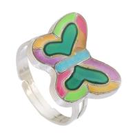 Emaille Stimmung Fingerring, Zinklegierung, mit Lampwork, Schmetterling, silberfarben plattiert, Modeschmuck, Silberfarbe, 19x15mm,4mm, Größe:7, verkauft von PC