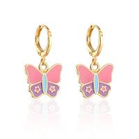 Huggie Hoop Drop Earring, Brass, Butterfly, real gold plated, for woman & enamel, multi-colored 