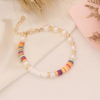 Polymer Clay Bracelets, with Plastic Pearl & Zinc Alloy, with 2 extender chain, gold color plated, for woman .1 Inch 