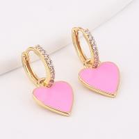 Huggie Hoop Drop Earring, Brass, Heart, gold color plated, micro pave cubic zirconia & for woman & enamel 28mm 