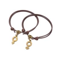 Pulseras para Parejas, Cordón de cera, con aleación de zinc, chapado en color bronce antiguo, 2 piezas & Ajustable & Joyería, color café, 12x22mm, longitud:16-25 cm, Vendido por Par