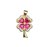 Pendentifs strass en laiton, avec strass, Trèfle à quatre feuilles, Placage de couleur d'or, unisexe, rouge, 16mm, Vendu par PC