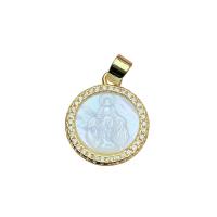 Cubique Pendentif en laiton zircon pavent, coquille blanche, avec laiton, Plat rond, Placage de couleur d'or, pavé de micro zircon & pour femme, blanc, 15.6mm, Vendu par PC