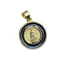 Enamel Brass Pendants, Flat Round, gold color plated, for woman 15.7mm 