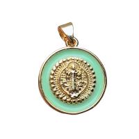 Enamel Brass Pendants, Flat Round, gold color plated, for woman 15.7mm 