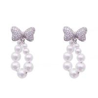 Boucle d'oreille en alliage de zinc en plastique perle, avec perle de plastique, Noeud papillon, Placage, bijoux de mode & pour femme & avec strass, blanc Vendu par paire