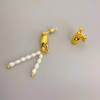 Asymmetric Earrings, Brass, with Freshwater Pearl, 18K gold plated, fashion jewelry & for woman 